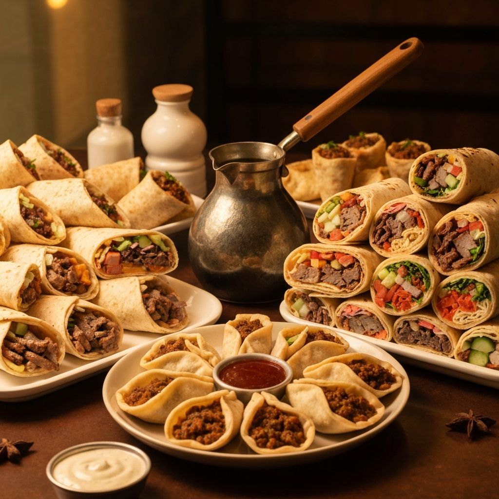 Delicious Middle Eastern food spread with wraps and coffee